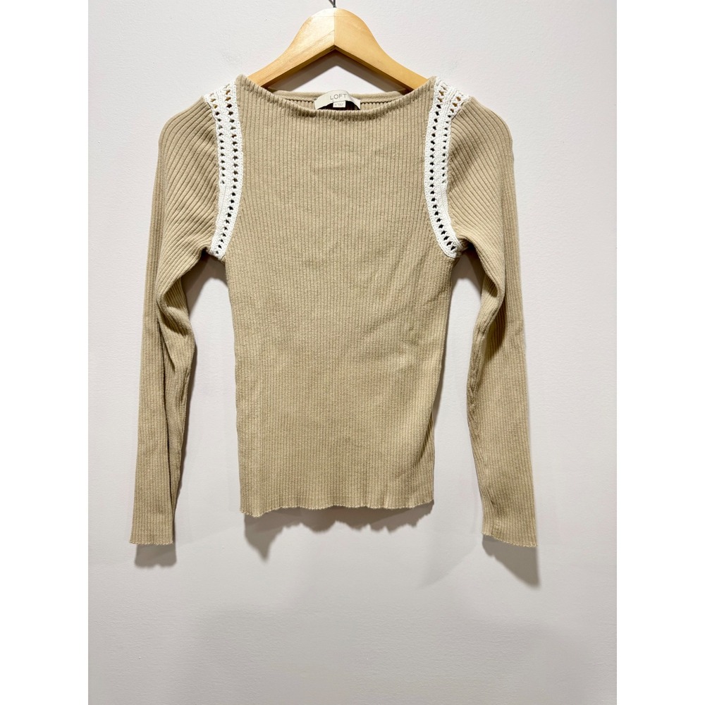 LOFT Beige Ribbed Long Sleeve Sweater Crochet Lace Trim Tan Boat Neck Size M